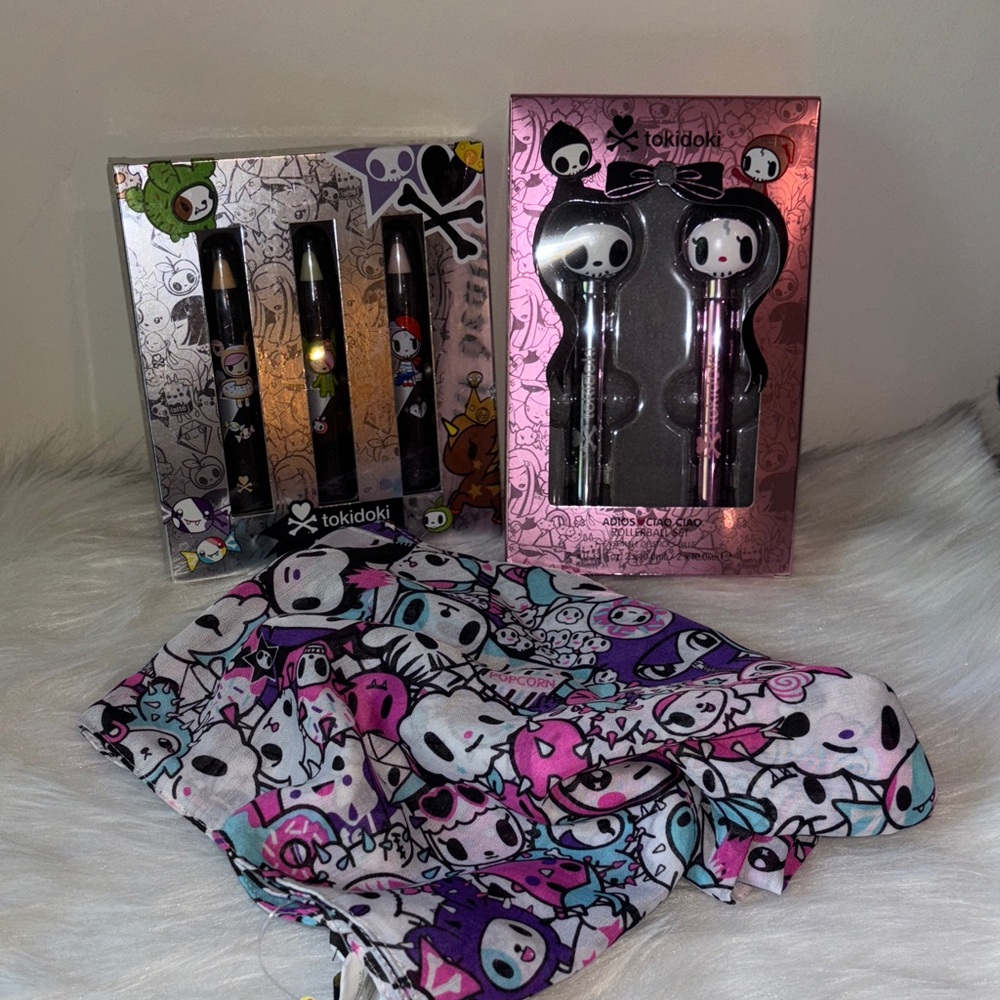 TOKIDOKI Adios Ciao ROLLERBALLS & Siberia PERFUME SCENT STICKS fabric SCARF set!